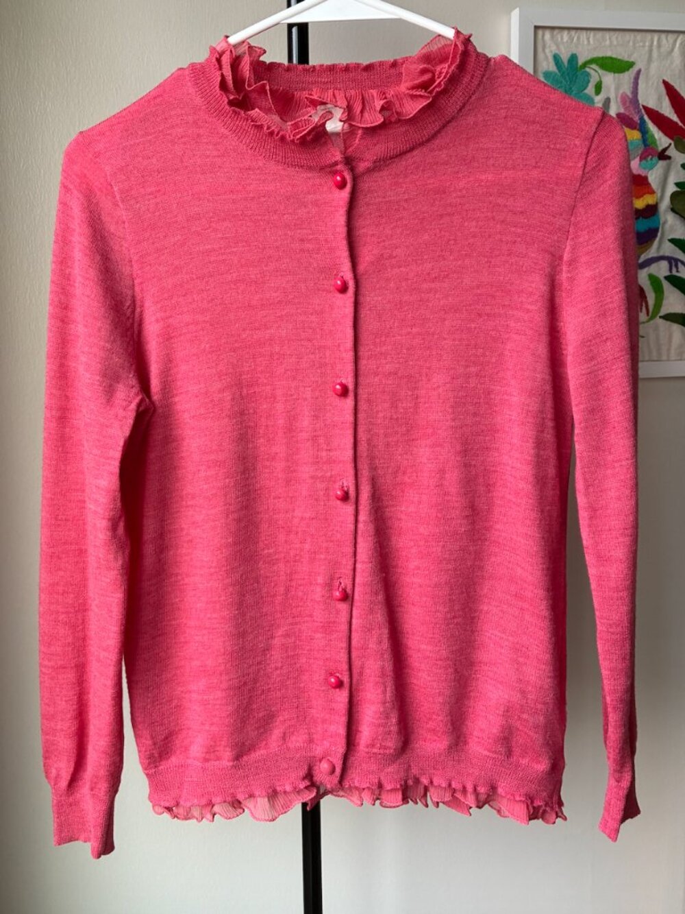 J. Crew 100% Merino Wool Pink Cardigan w/ Ruffle Collar and Hem - Size S
